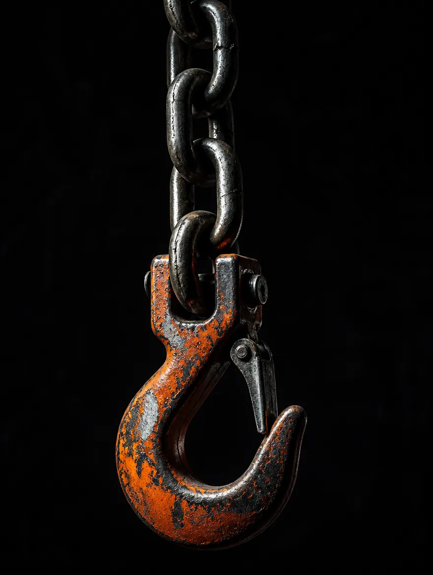 Worn steel tow hook with chipped orange paint, hanging from a heavy chain